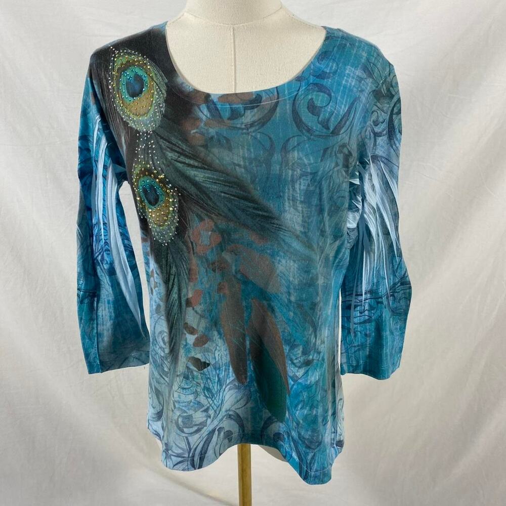 Closet Full blue peacock feather long sleeve shirt size small boho indie y2k